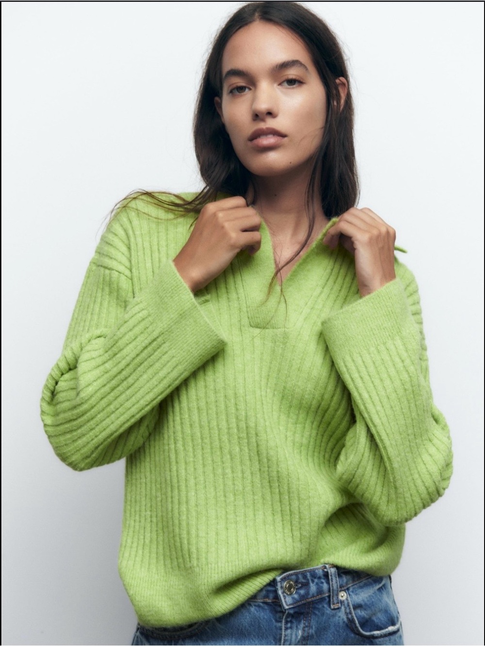 Zara Lime Green Ribbed V-Neck Sweater